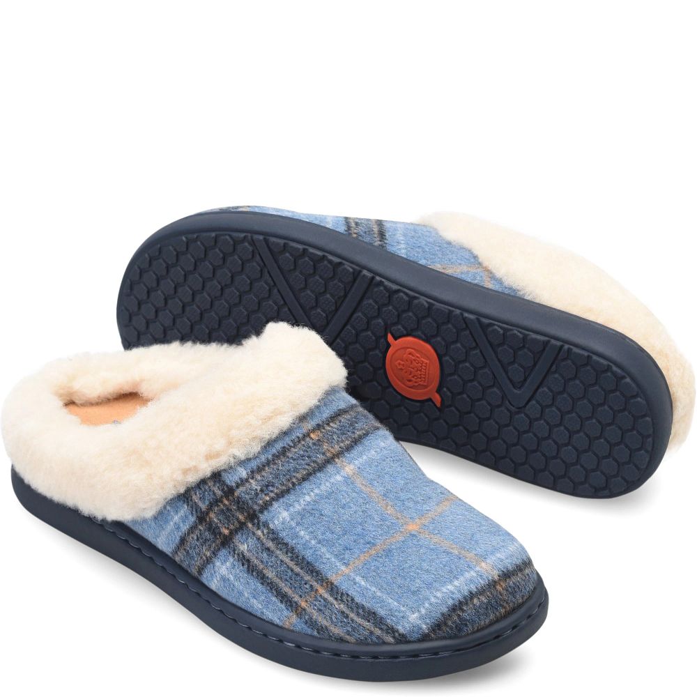Born Ali Slippers Blue Plaid Wool Product ID-JqQx4GxM
